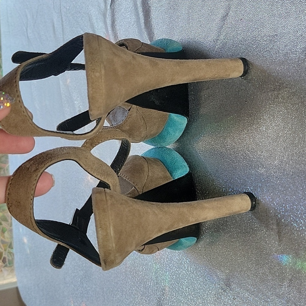 Fendi Vintage Teal & Grey Suede  Platform Peep Toe High Heel Sandal SZ:37/6.5 - Picture 8 of 14